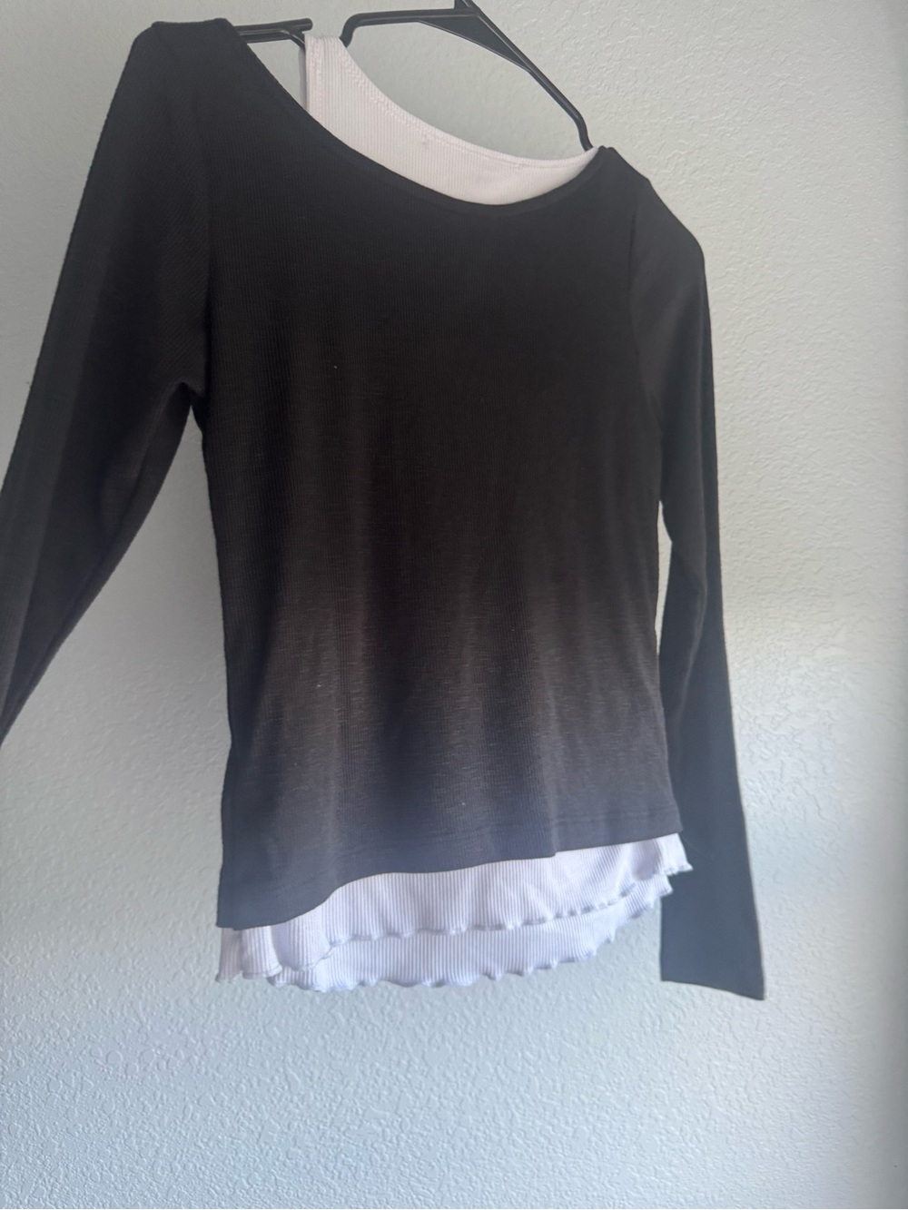 Black Long Sleeve Layered Hem Top with White Ruffle AS size s